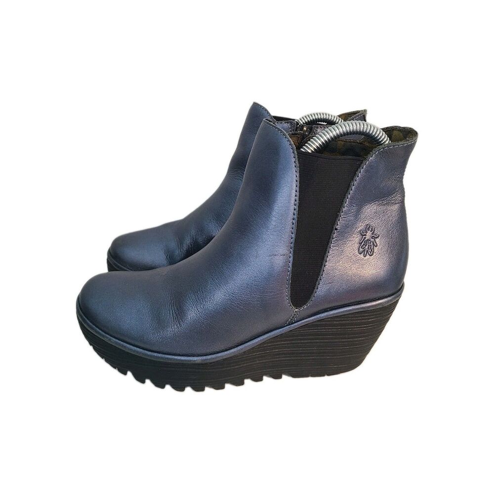 Fly London Yasi Metallic Blue Leather Wedge Ankle Booties EU 37 Whimsigoth Edgy - Picture 3 of 9